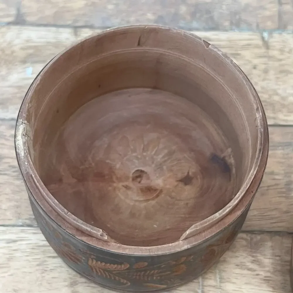Vintage Hand Carved & Turned Solid Wood Container Trinket Box Lid 4